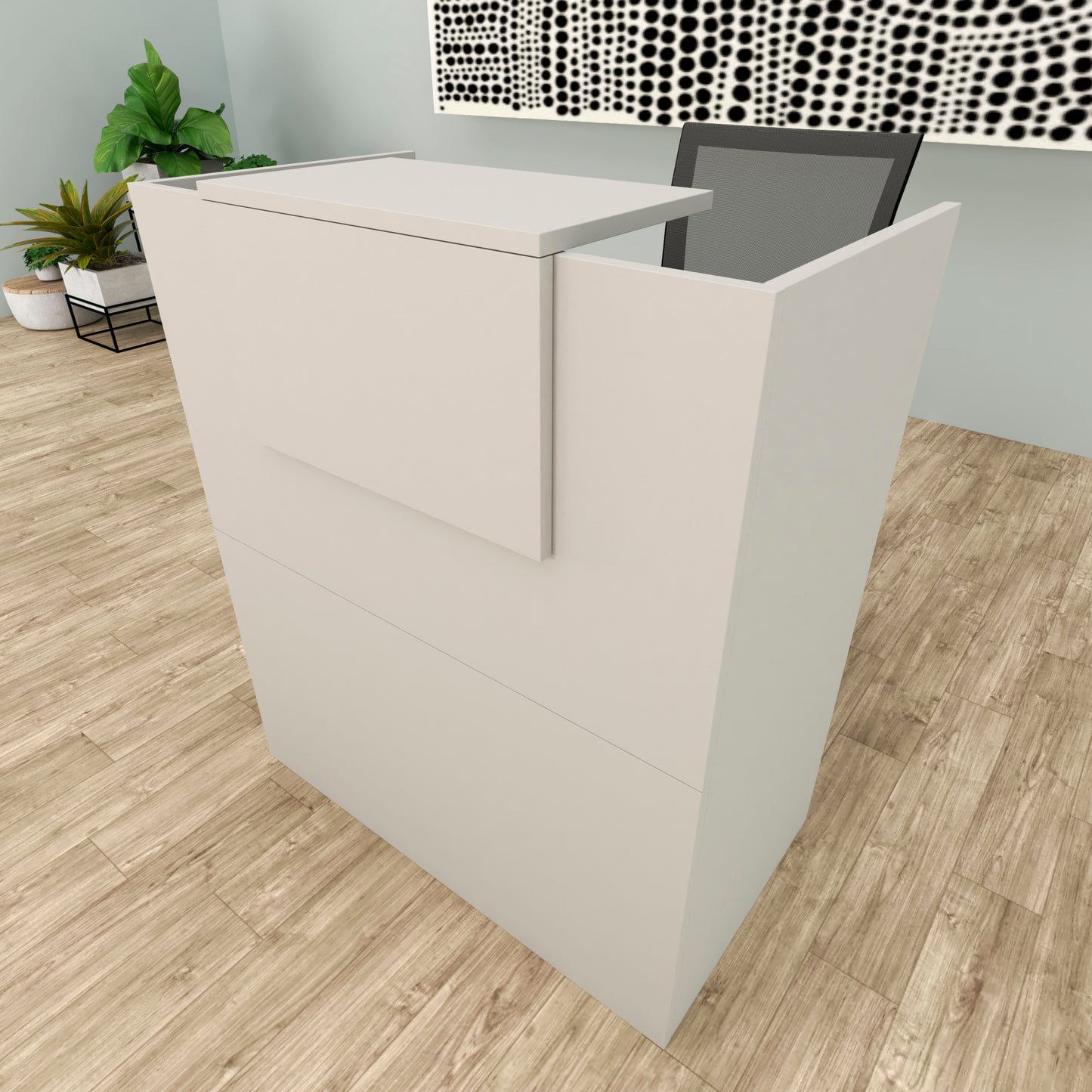 Mostrador Recepción OJA. 80/100x50x107 cm. Con mesa interior. Gris