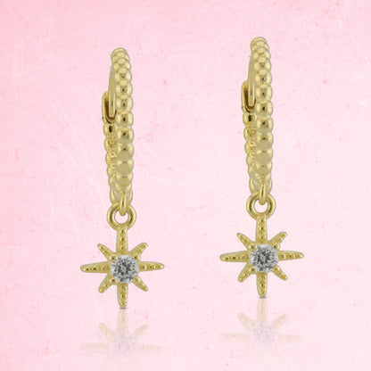 Pendientes Aro-criolla gallonada con motivo rosa de los vientos. Plata de Ley 925 Baño Oro 18K y circonita blanca. PD2315946O - Henor