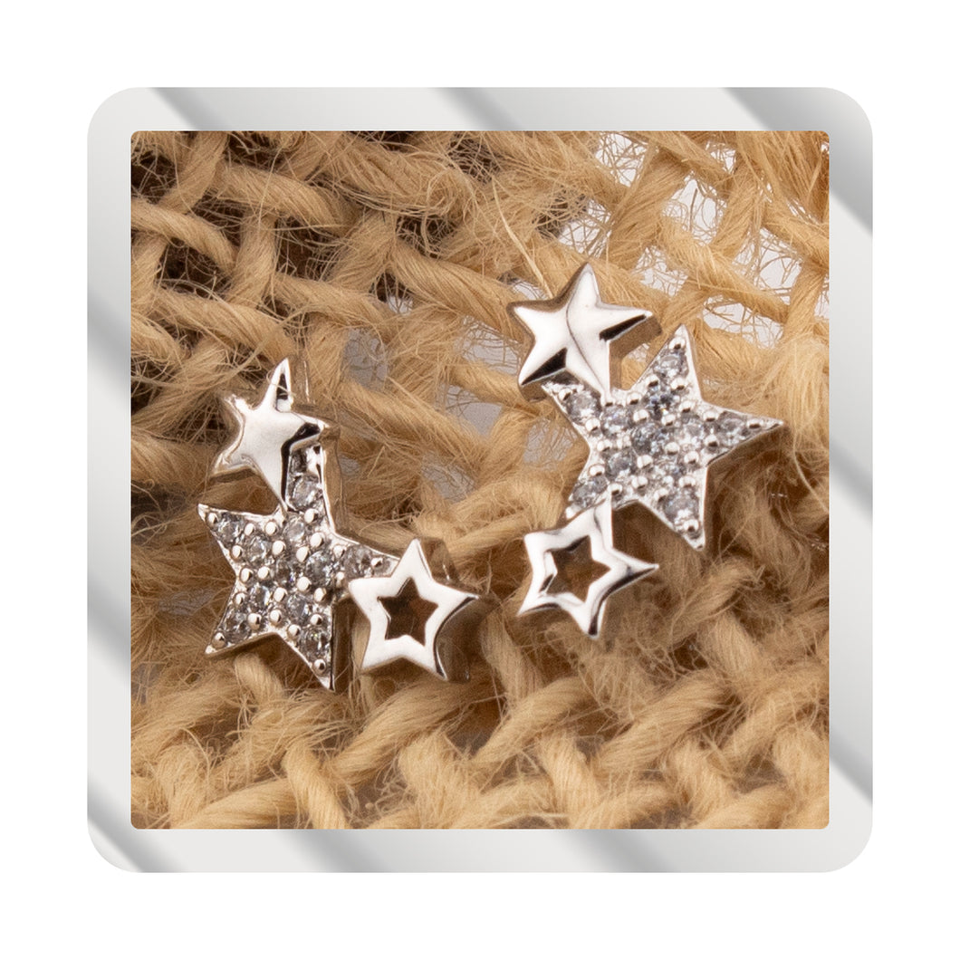 Pendientes Estrellas. Con Zirconita blanca en Plata de Ley acabado Rodio PD2316396R - Henor