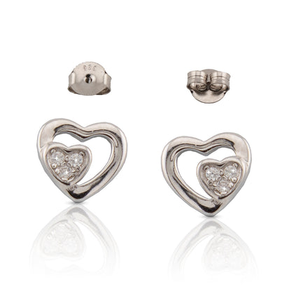 Pendientes doble corazón En fina Plata de Ley S925 con Baño Rodio y Zirconita PD2316473R - Henor