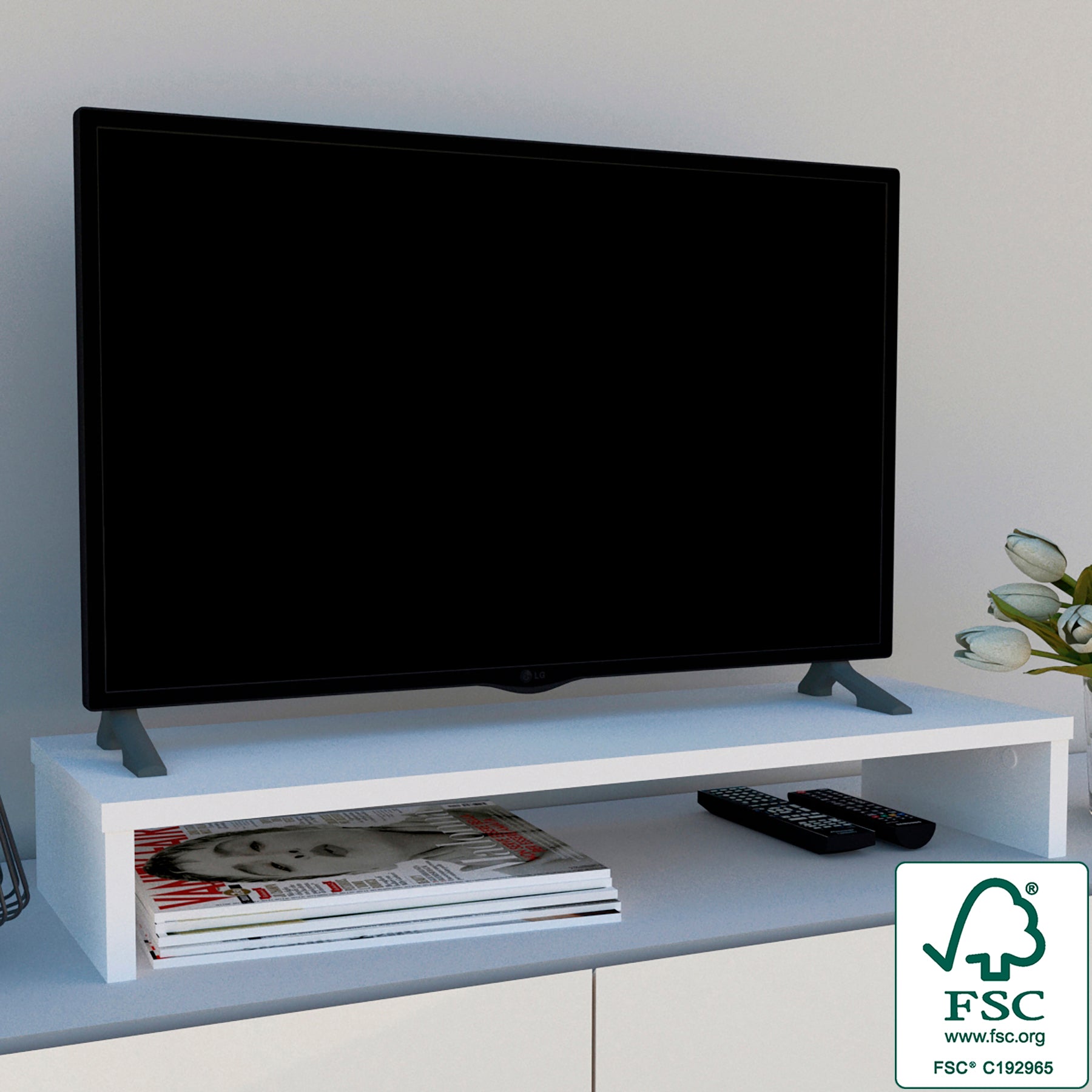 Soporte Monitor, Elevador TV de Madera FSC®. HENOR. 62x26.5x12 cm. Soporta  50 Kg. Blanco