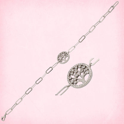 Pulsera en Plata de Ley S925 bañada en Rodio motivo Árbol de la vida con Zirconitas blancas. Cadena eslabón alargado. PS3136364R - Henor