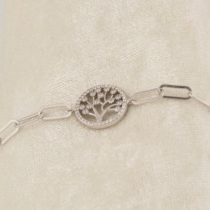 Pulsera en Plata de Ley S925 bañada en Rodio motivo Árbol de la vida con Zirconitas blancas. Cadena eslabón alargado. PS3136364R - Henor