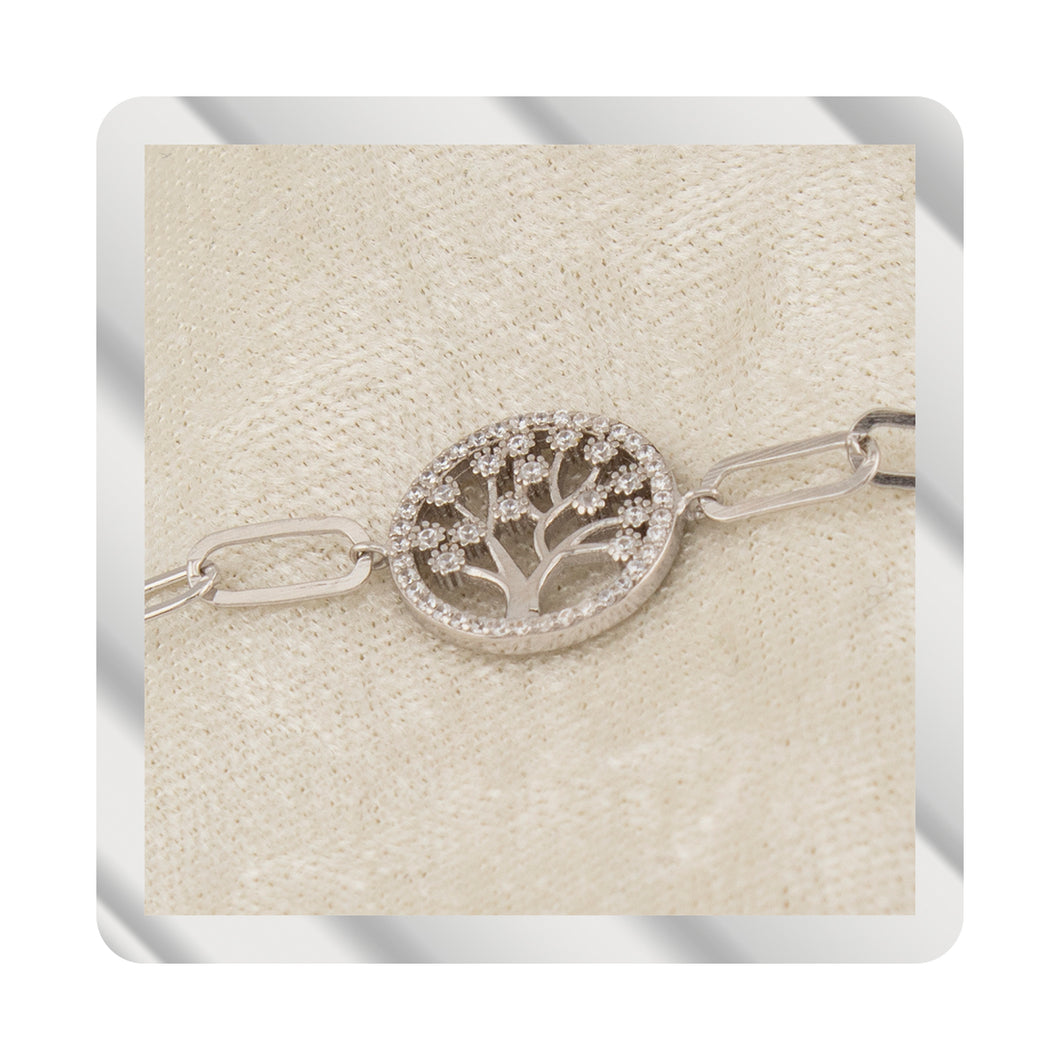 Pulsera en Plata de Ley S925 bañada en Rodio motivo Árbol de la vida con Zirconitas blancas. Cadena eslabón alargado. PS3136364R - Henor