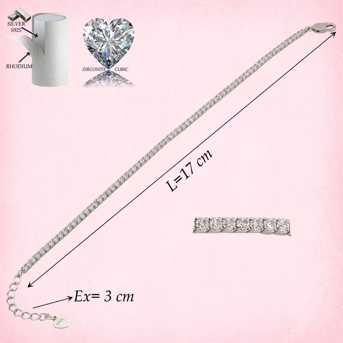Pulsera Riviert en Plata de Ley con baño en Rodio. PS3312007R - Henor