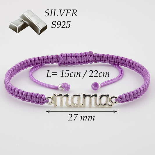 Bracciale Mama in Macramè Viola. Argento sterling S925 Finitura naturale e lucidato a mano. PS3313670M
