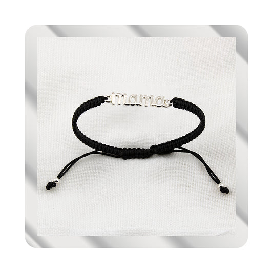 Bracciale Mama in Macramè Nero. Argento sterling S925 Finitura naturale e lucidato a mano. PS3313670N