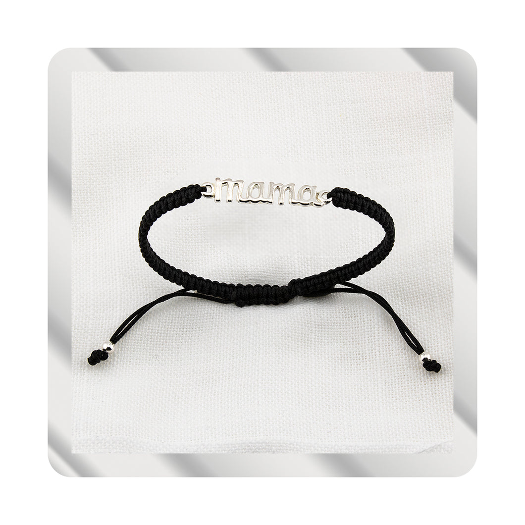 Pulsera Mama en Macramé Negro. Plata de Ley S925 acabado Natural y pulida a mano. PS3313670N