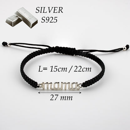 Bracciale Mama in Macramè Nero. Argento sterling S925 Finitura naturale e lucidato a mano. PS3313670N
