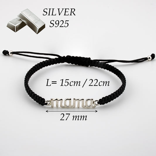Bracciale Mama in Macramè Nero. Argento sterling S925 Finitura naturale e lucidato a mano. PS3313670N