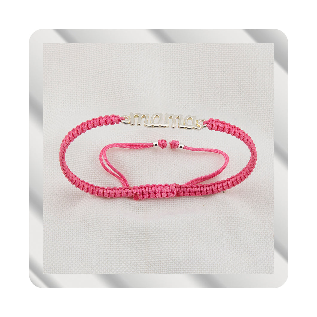 Pulsera Mama en Macramé Rosa. Plata de Ley S925 acabado Natural y pulida a mano. PS3313670S