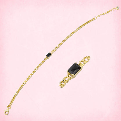 Pulsera cadena Barbada con piedra Zirconita Negra central en forma Baguet en plata de Ley S925 baño en Oro 18K. PS3315715O - Henor