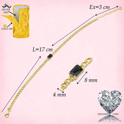 Pulsera cadena Barbada con piedra Zirconita Negra central en forma Baguet en plata de Ley S925 baño en Oro 18K. PS3315715O - Henor
