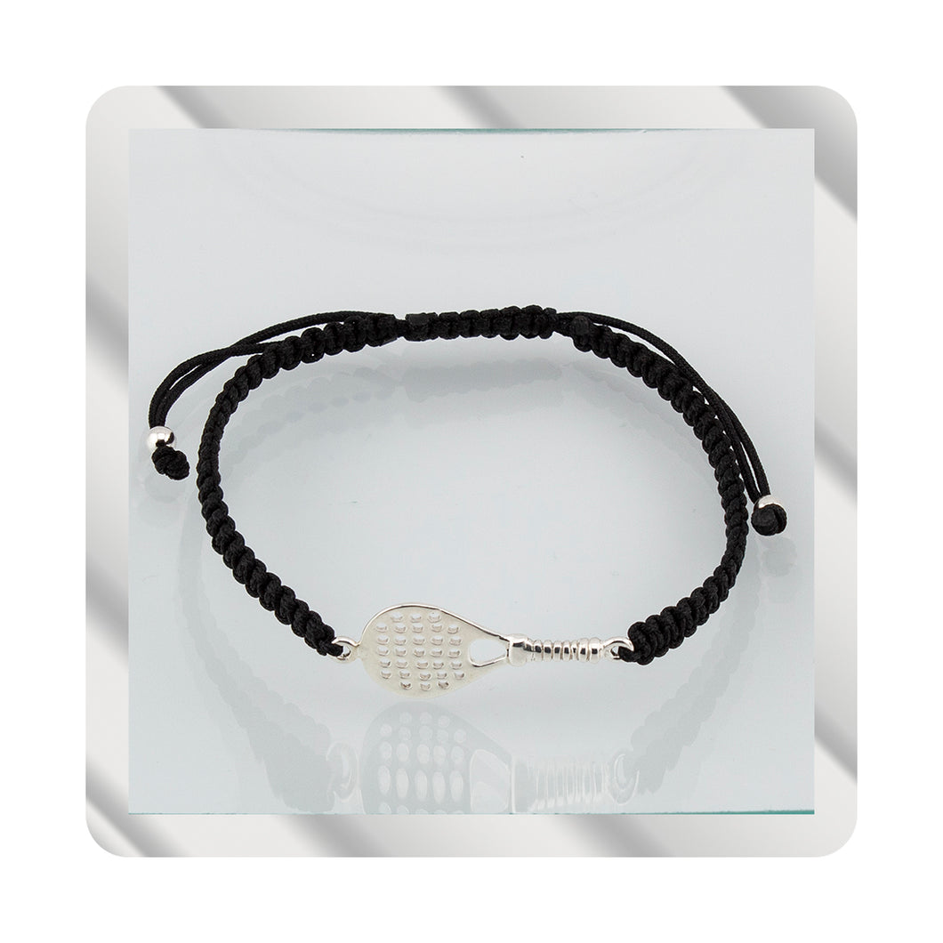 Pulsera Pádel en Macramé Negro. Plata de Ley S925 acabado Natural y pulida a mano. Cierre Lazo PS3315870N