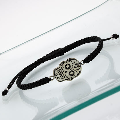 Bracciale Teschio in macramè nero e argento sterling S925 invecchiato. Lucidato a mano. PS3316459N