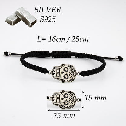 Bracciale Teschio in macramè nero e argento sterling S925 invecchiato. Lucidato a mano. PS3316459N