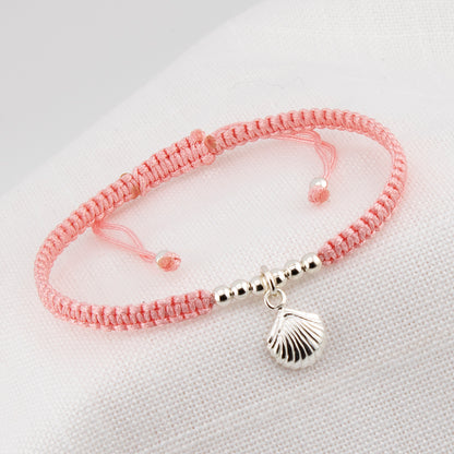 Muschelarmband aus rosa Makramee. S925-Sterlingsilber. Natürliches Finish und handpoliert. PS3316605S