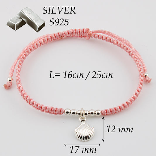 Bracciale Conchiglia in Macramè Rosa. Argento sterling S925 Finitura naturale e lucidato a mano. PS3316605S