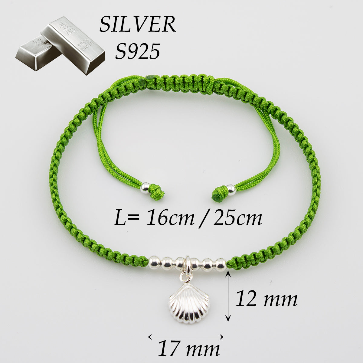 Muschelarmband aus grünem Makramee. S925-Sterlingsilber. Natürliches Finish und handpoliert. PS3316605V