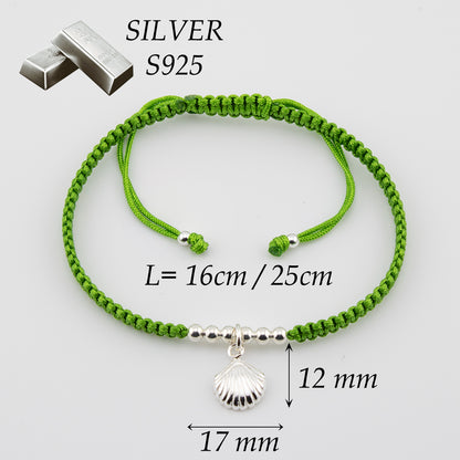 Muschelarmband aus grünem Makramee. S925-Sterlingsilber. Natürliches Finish und handpoliert. PS3316605V