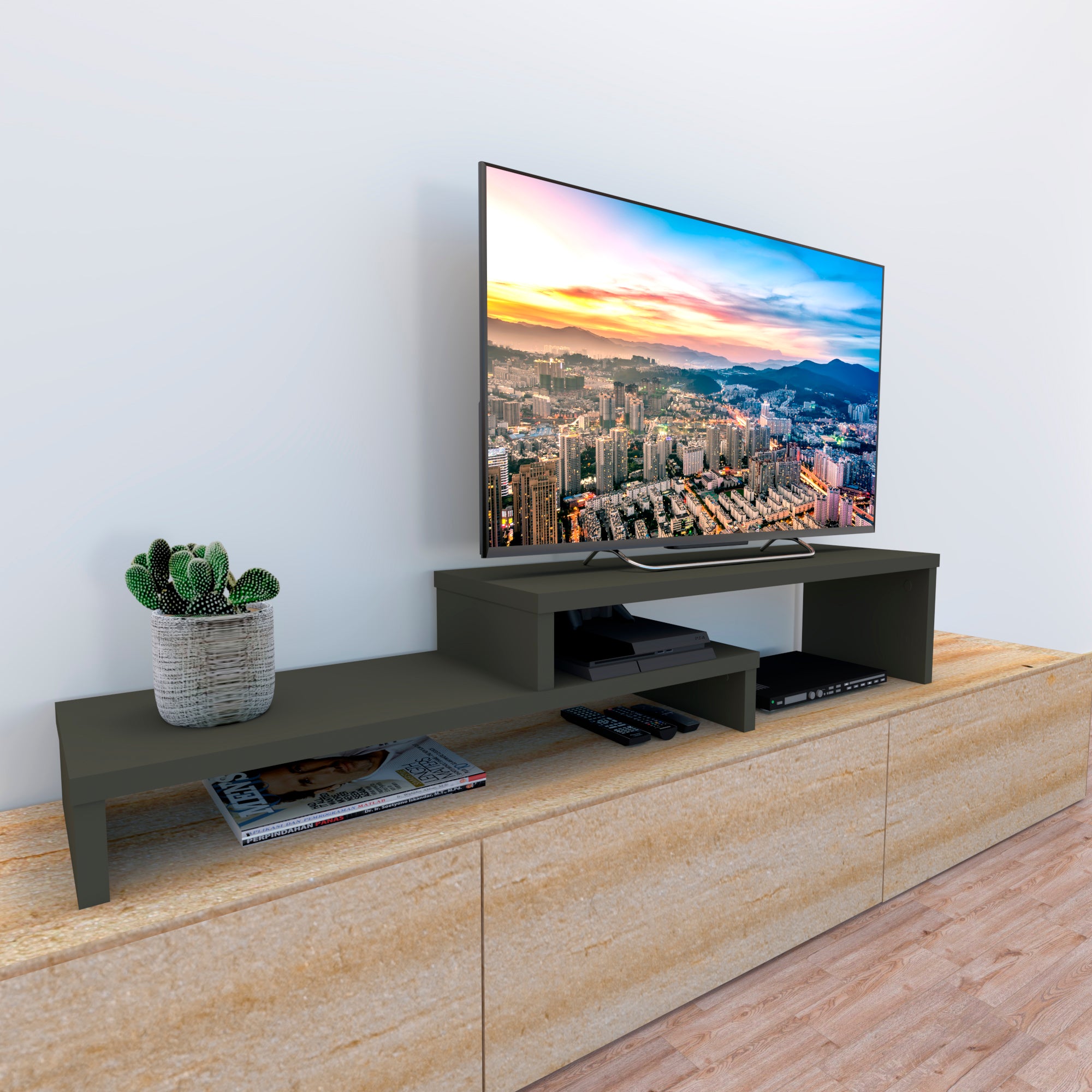 Mueble TV Escalera Ajustable de Madera FSC® 90-110+ 90-110-140 x 35 x –  Henor