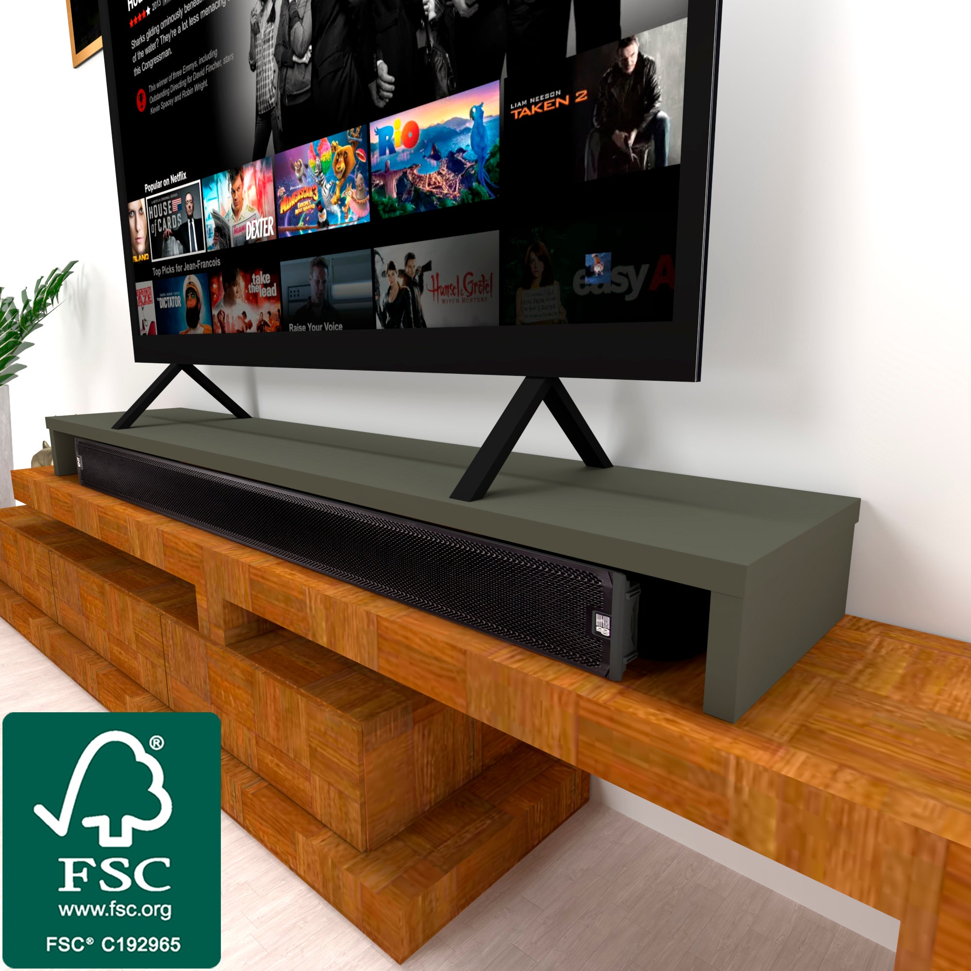 Soporte Elevador TV de Madera FSC®. HENOR. 110x35x15 cm Soporta 60 Kg.  Roble stel