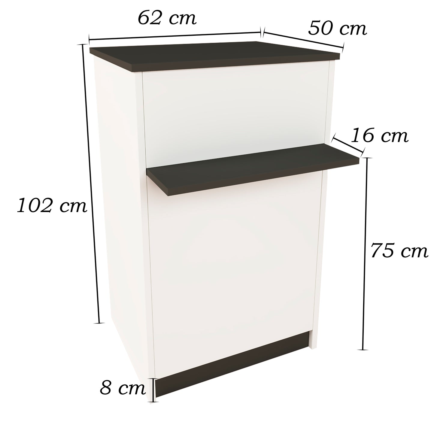 Mostrador de Recepción Ega. 62-82 x 50/65 x 102 cm. Mueble de Atención al Cliente para Oficina, Tienda, Clínica o Salón Blanco con Grafito