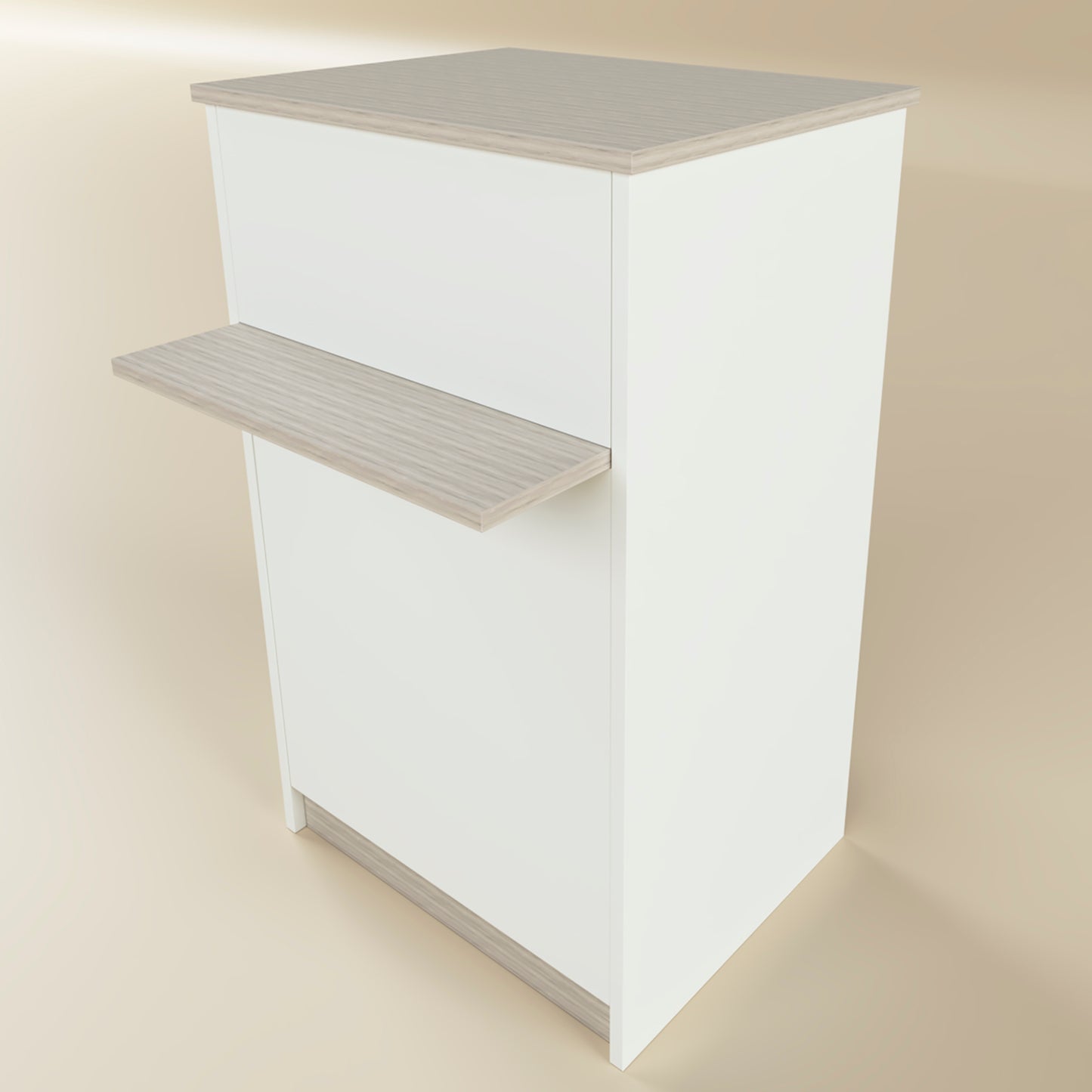 Mostrador de Recepción Ega. 62-82 x 50/65 x 102 cm. Mueble de Atención al Cliente para Oficina, Tienda, Clínica o Salón Blanco con Roble Stel