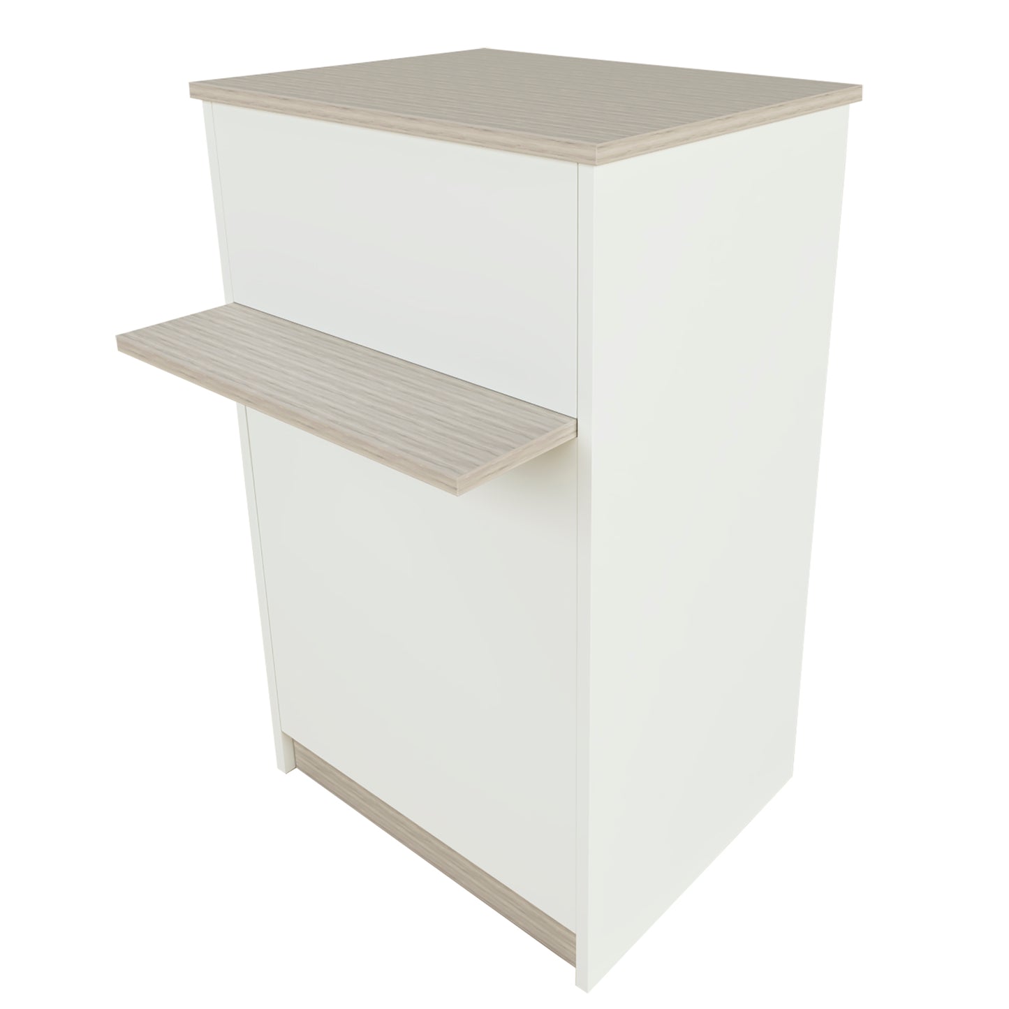 Mostrador de Recepción Ega. 62-82 x 50/65 x 102 cm. Mueble de Atención al Cliente para Oficina, Tienda, Clínica o Salón Blanco con Roble Stel