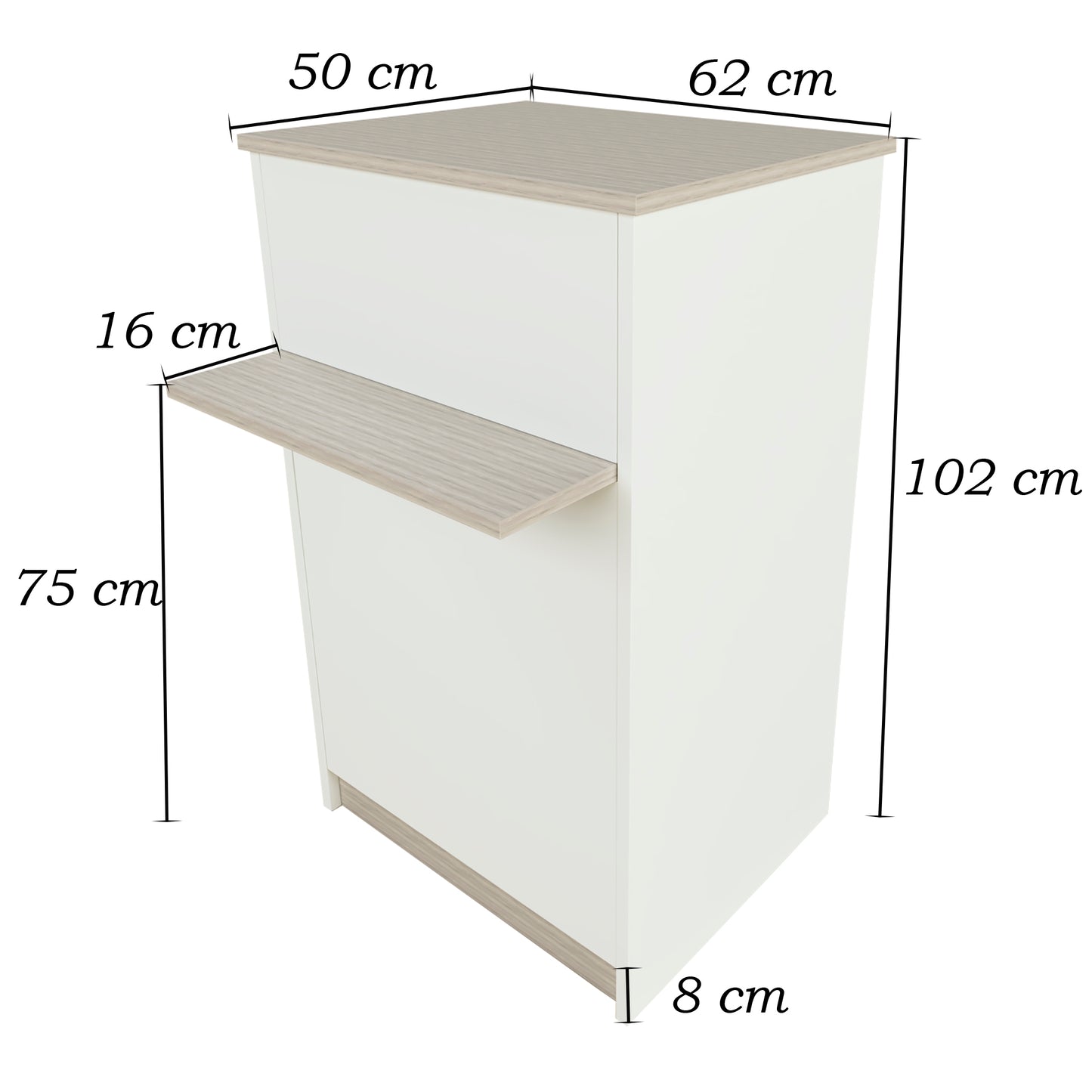 Mostrador de Recepción Ega. 62-82 x 50/65 x 102 cm. Mueble de Atención al Cliente para Oficina, Tienda, Clínica o Salón Blanco con Roble Stel