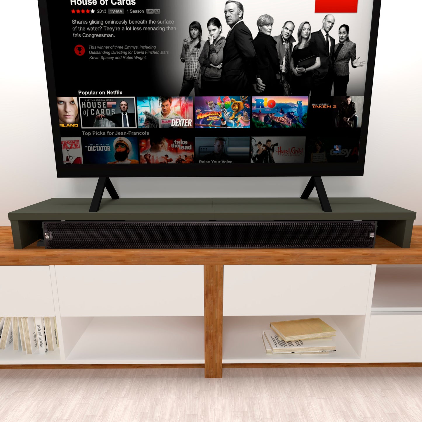 Doppelter TV-Riser aus Holz, 120–180 x 35 x 15 cm, trägt +100 kg.