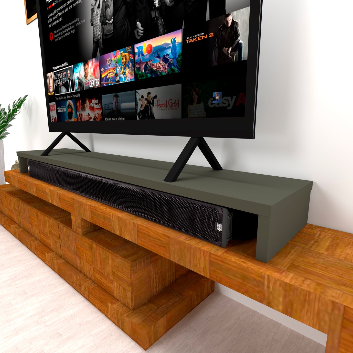 Doppelter TV-Riser aus Holz, 120–180 x 35 x 15 cm, trägt +100 kg.