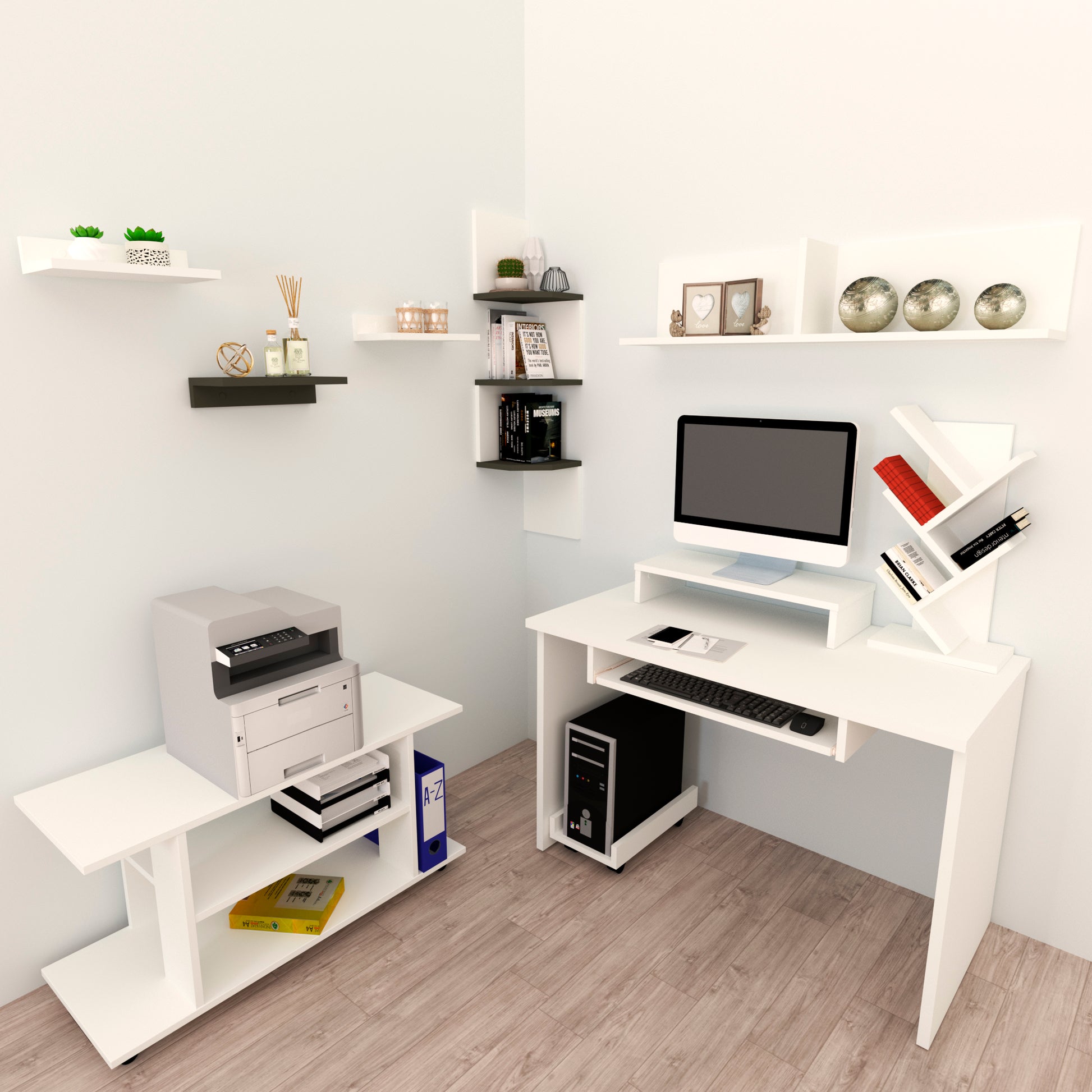 Escritorio Oficina. 100-115 Cm. Mesa + Elevador Tv - Monitor + Portateclado + Soporte CPU Ruedas. Mesa Gaming Blanco. - Henor  Mobiliario