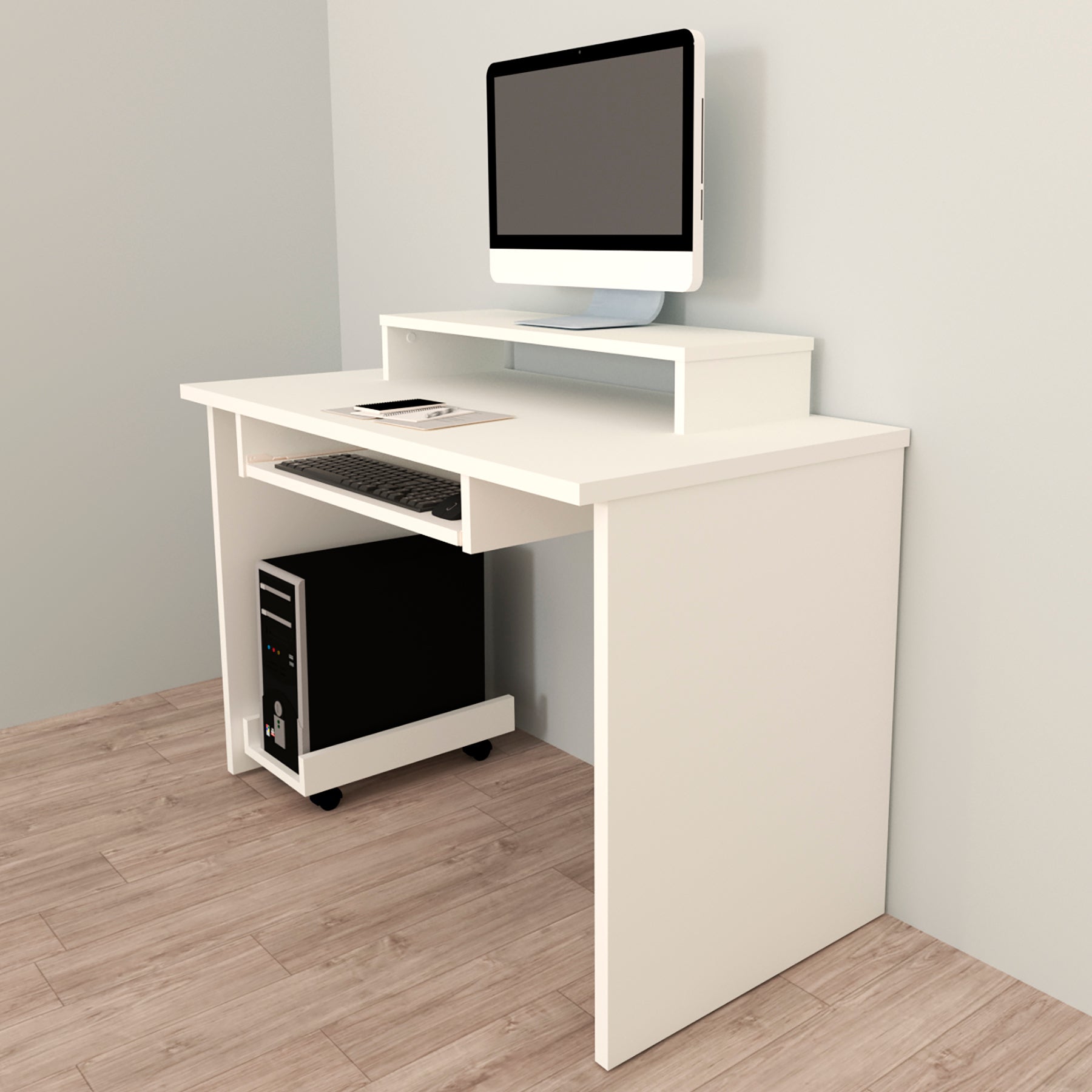 Escritorio Oficina. 100-115 Cm. Mesa + Elevador Tv - Monitor + Portateclado + Soporte CPU Ruedas. Mesa Gaming Blanco. - Henor  Mobiliario