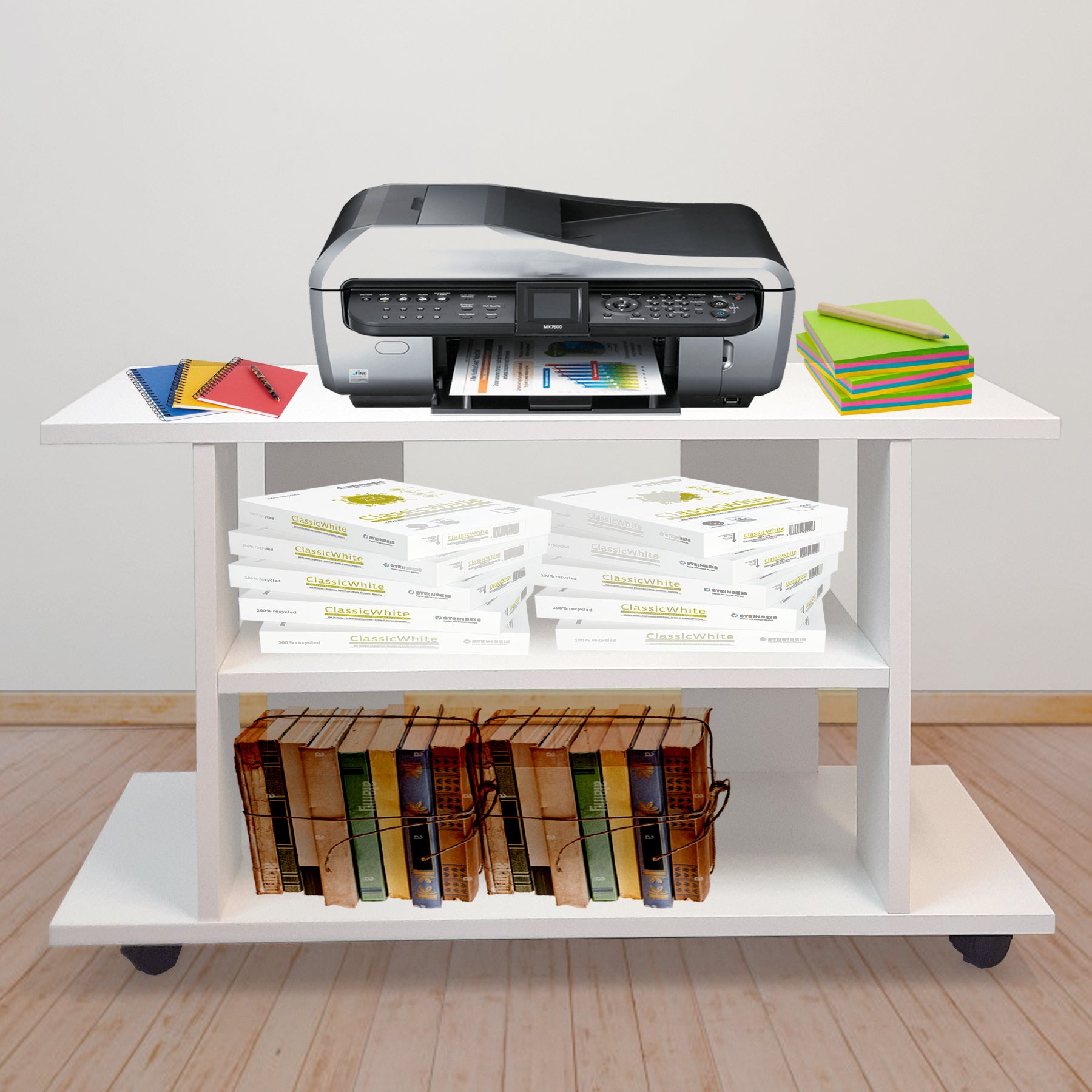 Mesa con Ruedas Giro 360º con freno. Mod. Pilar. 80-90-100-110 Cm. Altura 65.5 Cm. Blanco/grafito - Henor  Mobiliario