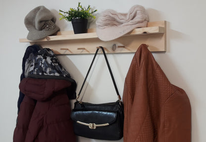 Perchero pared con estante Pino natural 40/100 x 11.5 x 9 cm de 4 a 9 colgadores. - Henor  Mobiliario