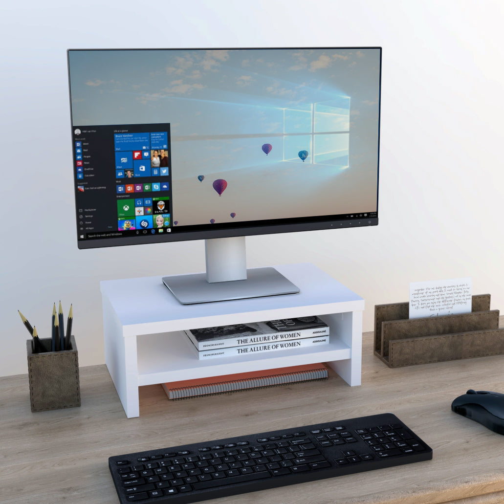 Soporte elevador de monitor o TV con estante intermedio 42-82 x 26,5 x 16 cm Blanco/Grafito. - Henor  Mobiliario