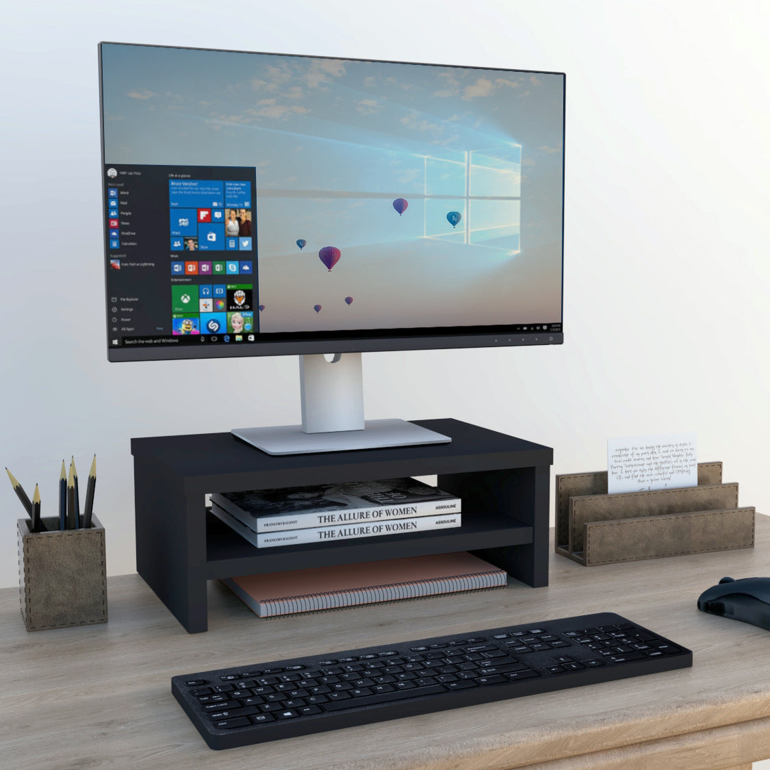 Soporte elevador de monitor o TV con estante intermedio 42-82 x 26,5 x 16 cm Blanco/Grafito. - Henor  Mobiliario
