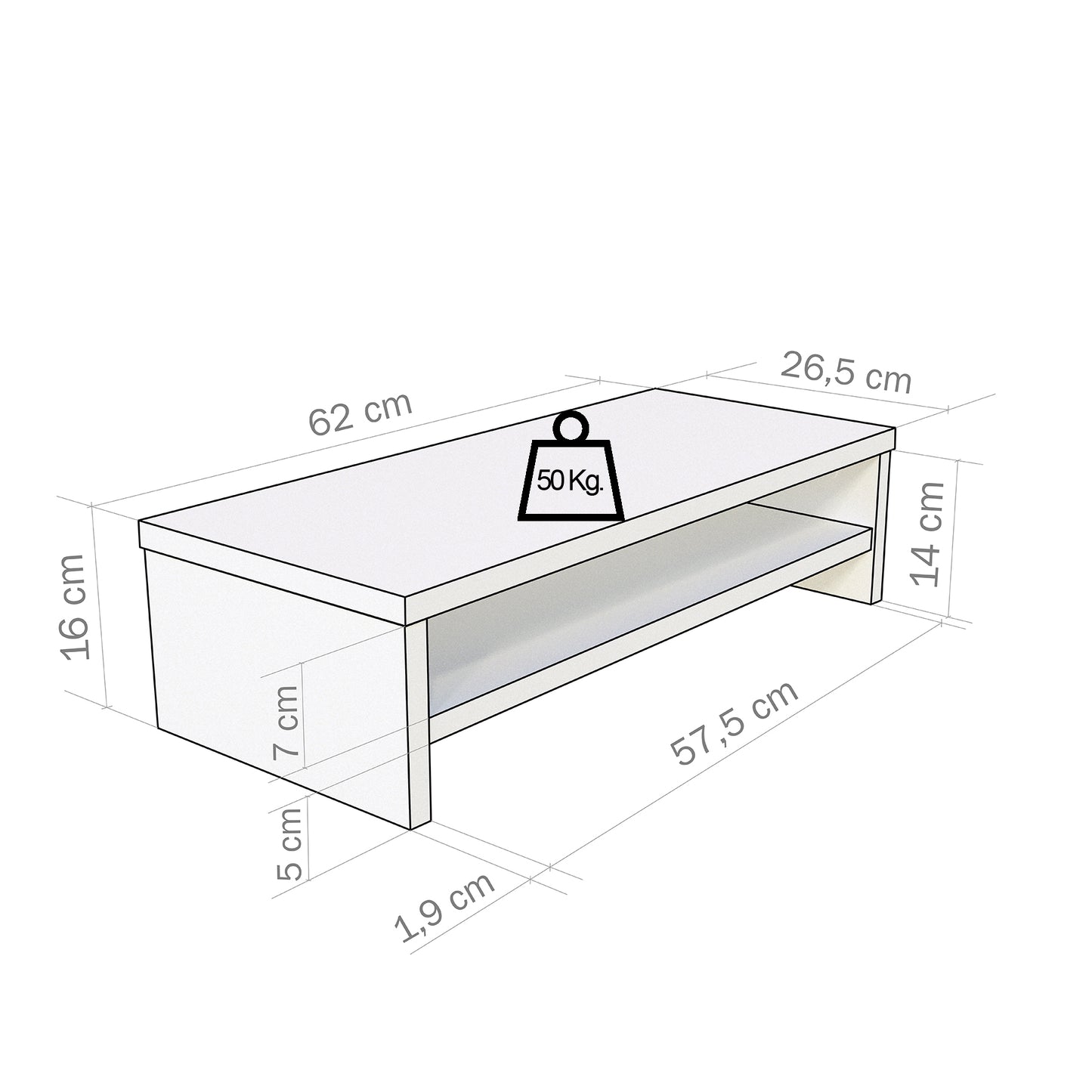 Soporte elevador de monitor o TV con estante intermedio 42-82 x 26.5 x 16 cm Blanco/Grafito. - Henor  Mobiliario