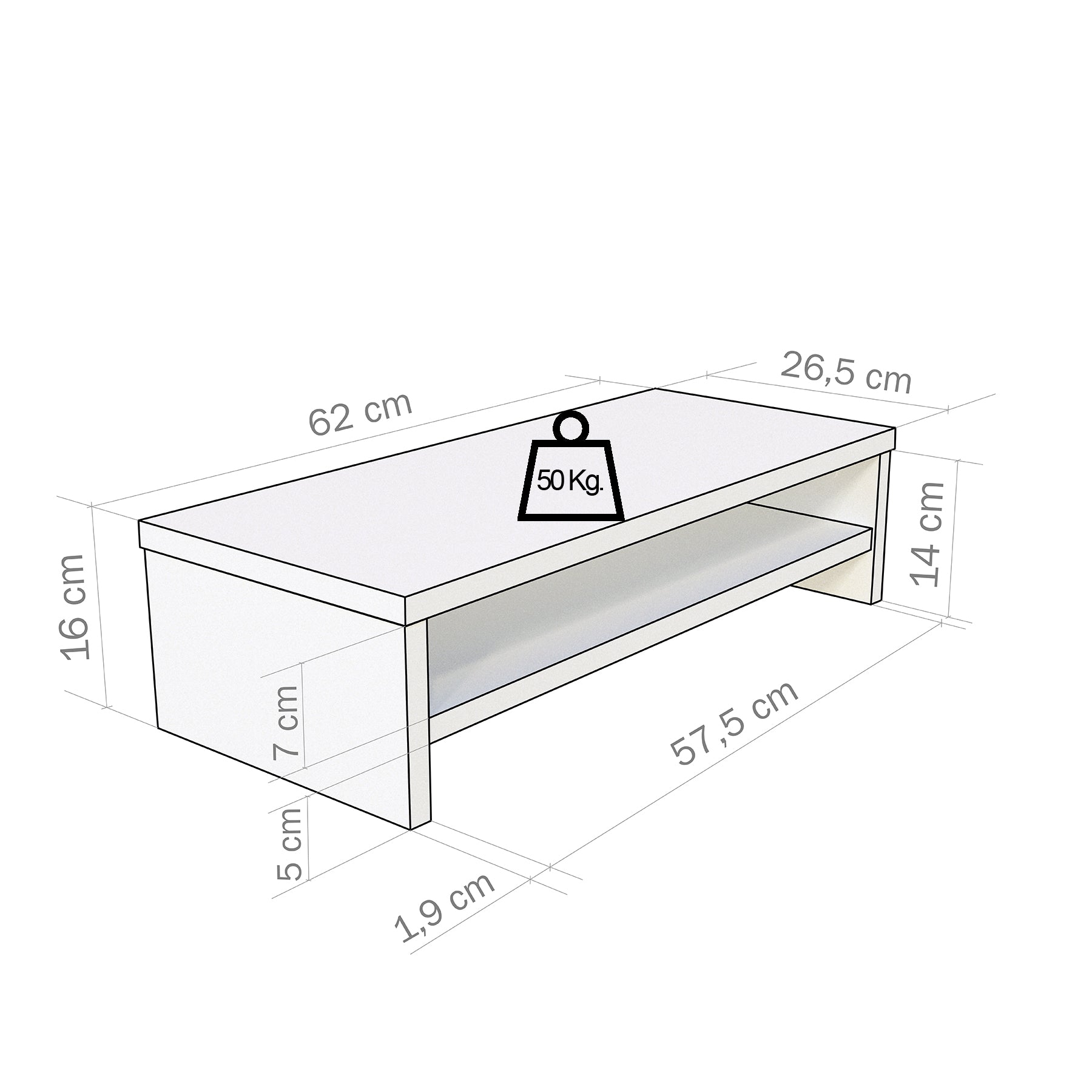 Soporte elevador de monitor o TV con estante intermedio 42-82 x 26.5 x 16 cm Blanco/Grafito. - Henor  Mobiliario