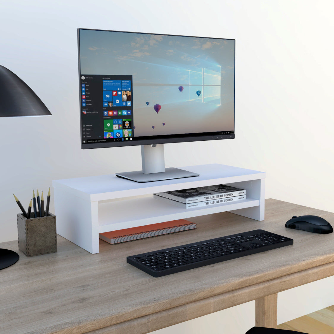 Soporte elevador de monitor o TV con estante intermedio 42-82 x 26,5 x 16 cm Blanco/Grafito. - Henor  Mobiliario