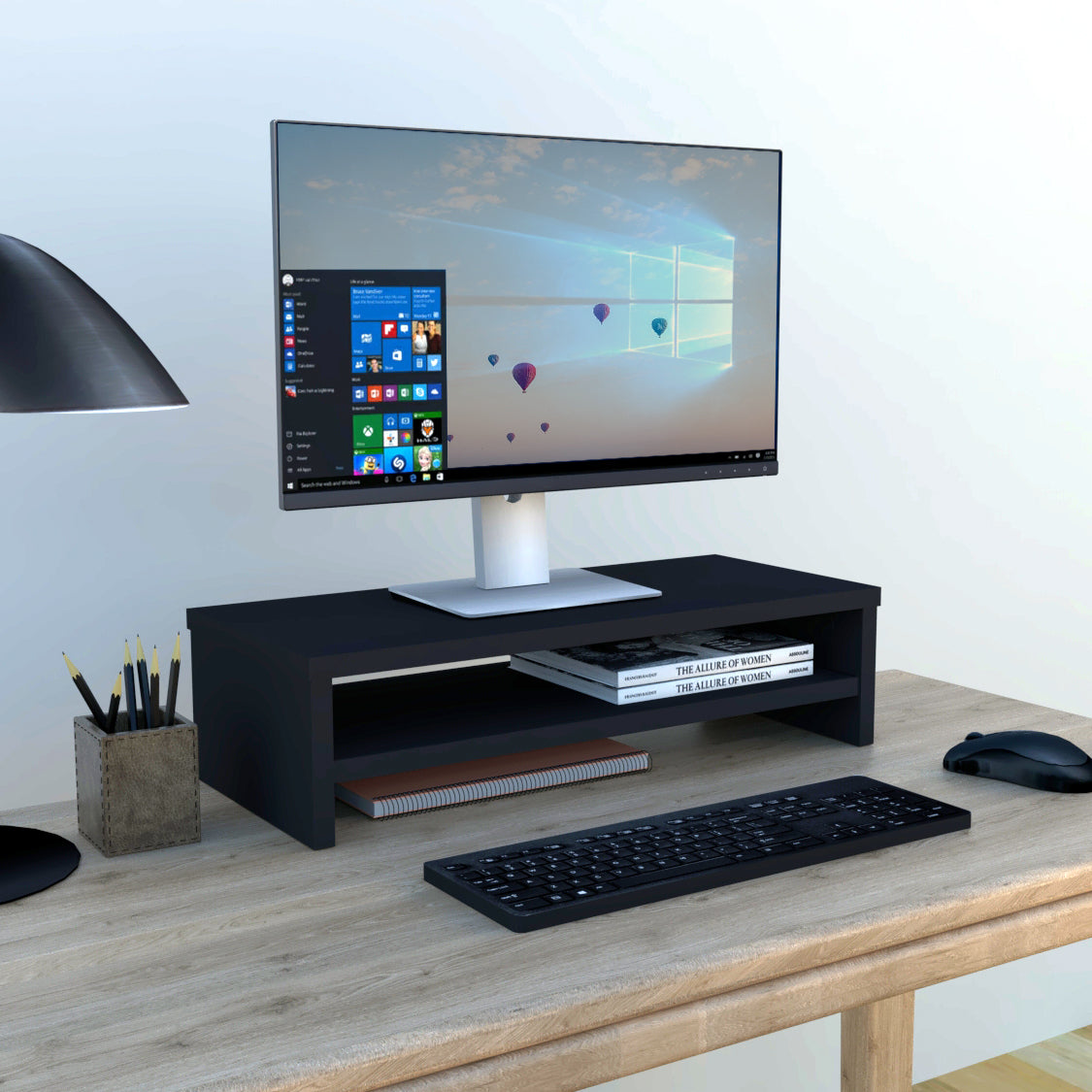 Soporte elevador de monitor o TV con estante intermedio 42-82 x 26,5 x 16 cm Blanco/Grafito. - Henor  Mobiliario