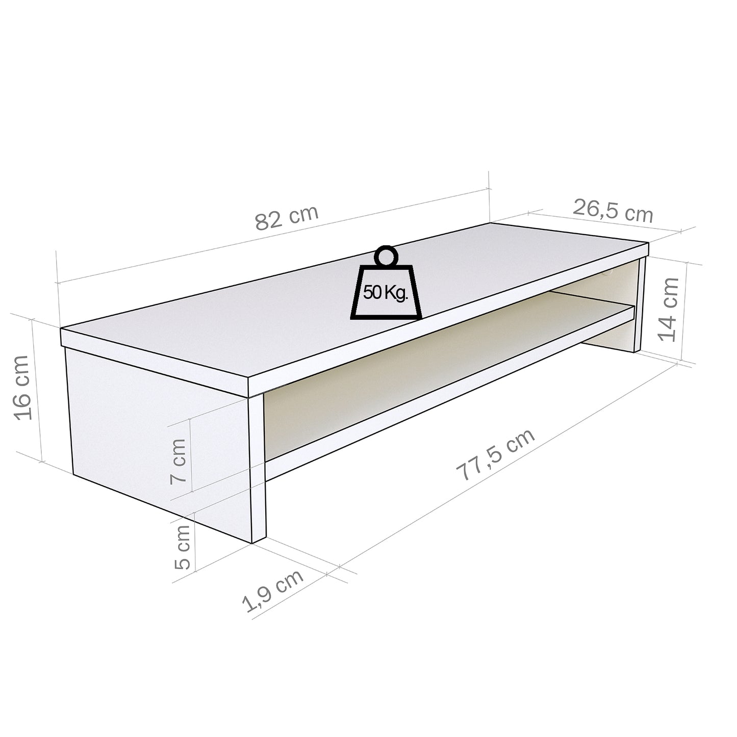 Soporte elevador de monitor o TV con estante intermedio 42-82 x 26.5 x 16 cm Blanco/Grafito. - Henor  Mobiliario