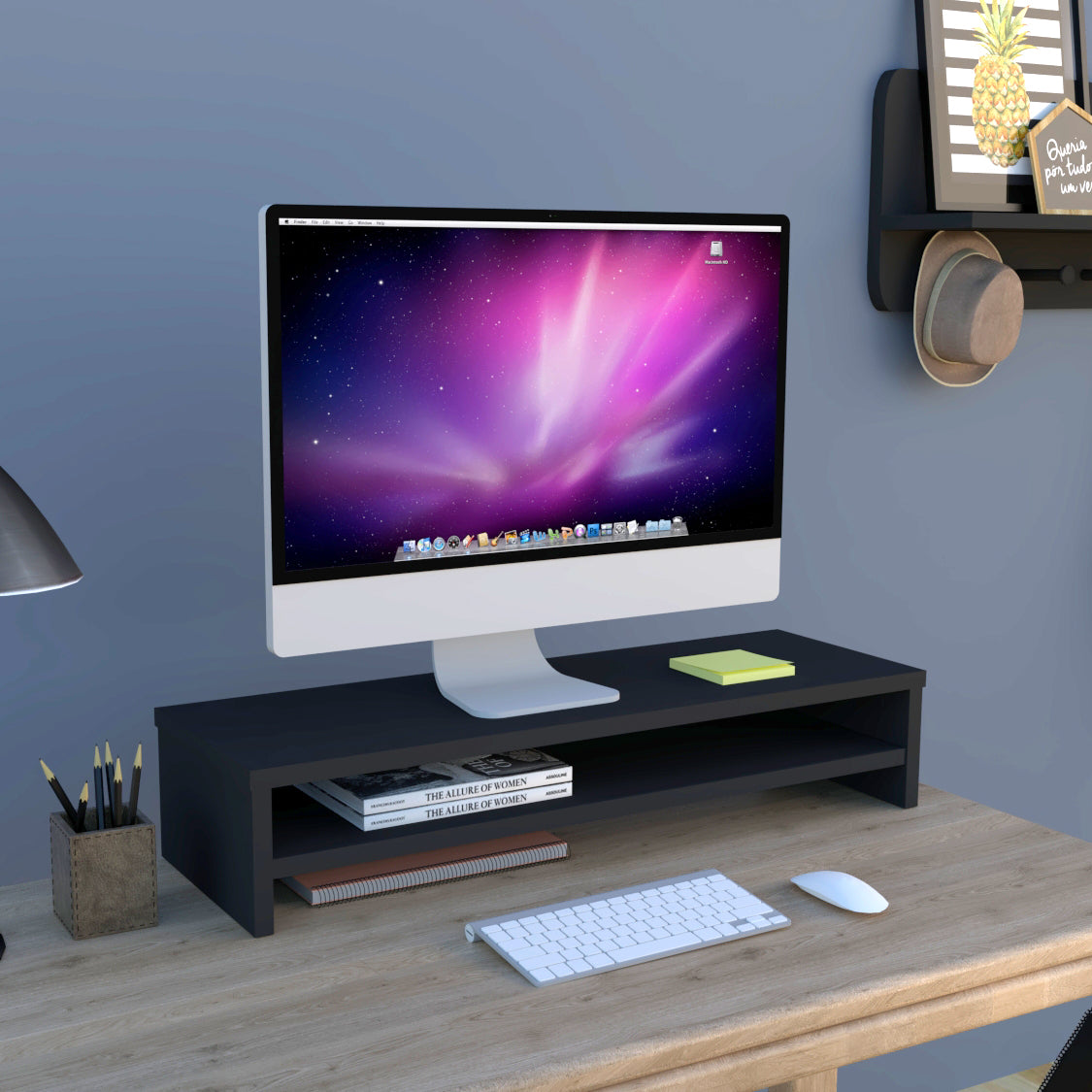 Soporte elevador de monitor o TV con estante intermedio 42-82 x 26.5 x 16 cm Blanco/Grafito. - Henor  Mobiliario